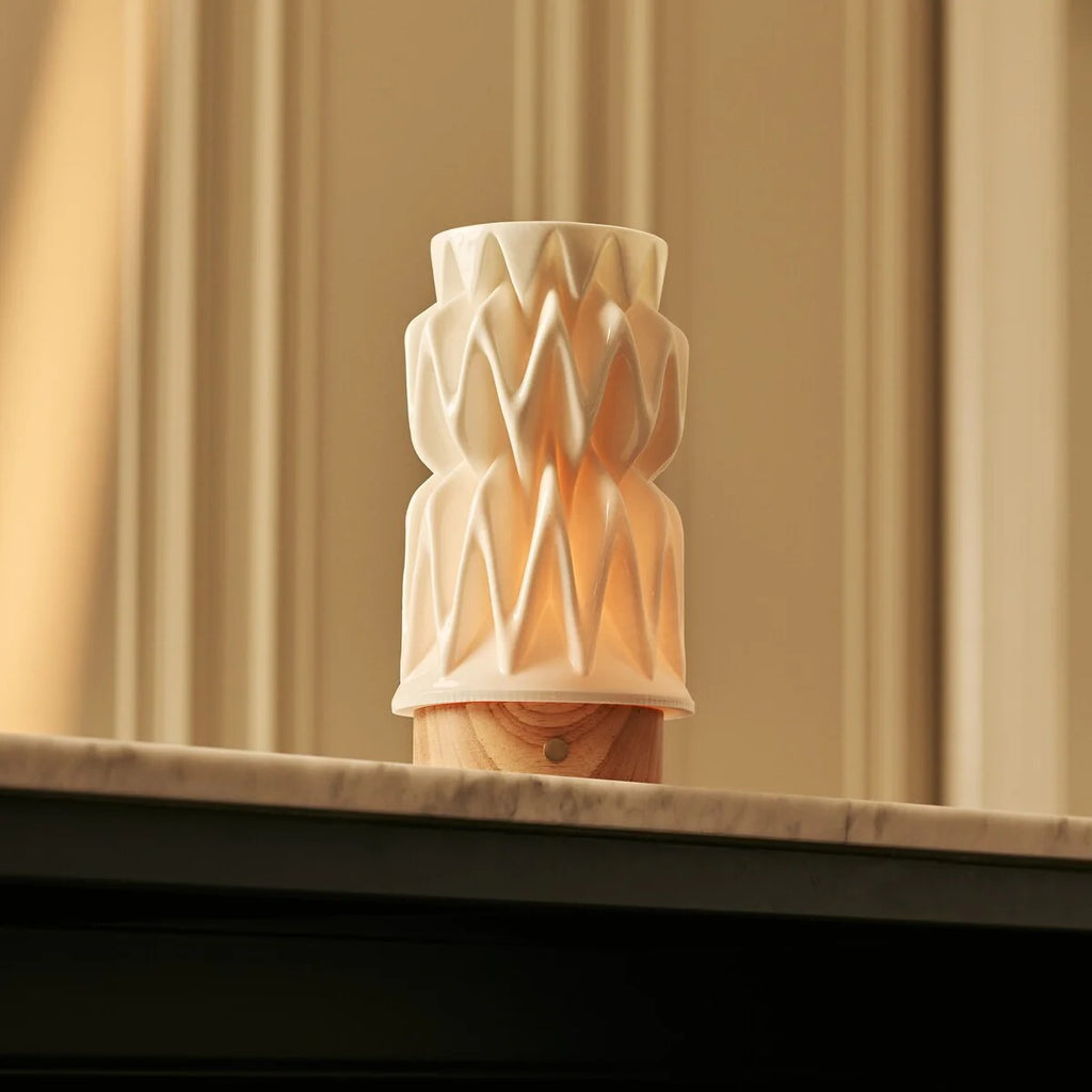 Wood Table Lamp With Modular Porcelain Shade And Dimmable LED