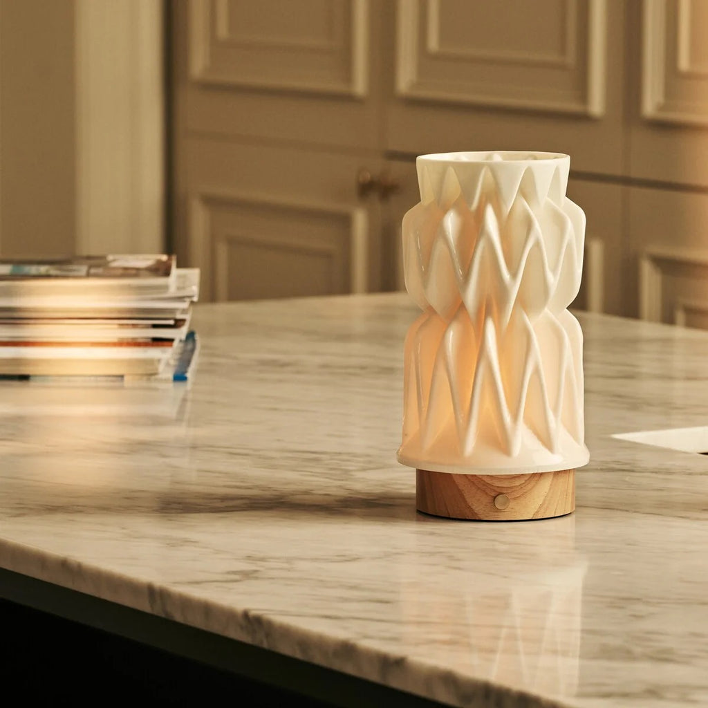 Wood Table Lamp With Modular Porcelain Shade And Dimmable LED