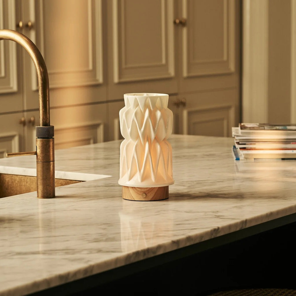 Wood Table Lamp With Modular Porcelain Shade And Dimmable LED