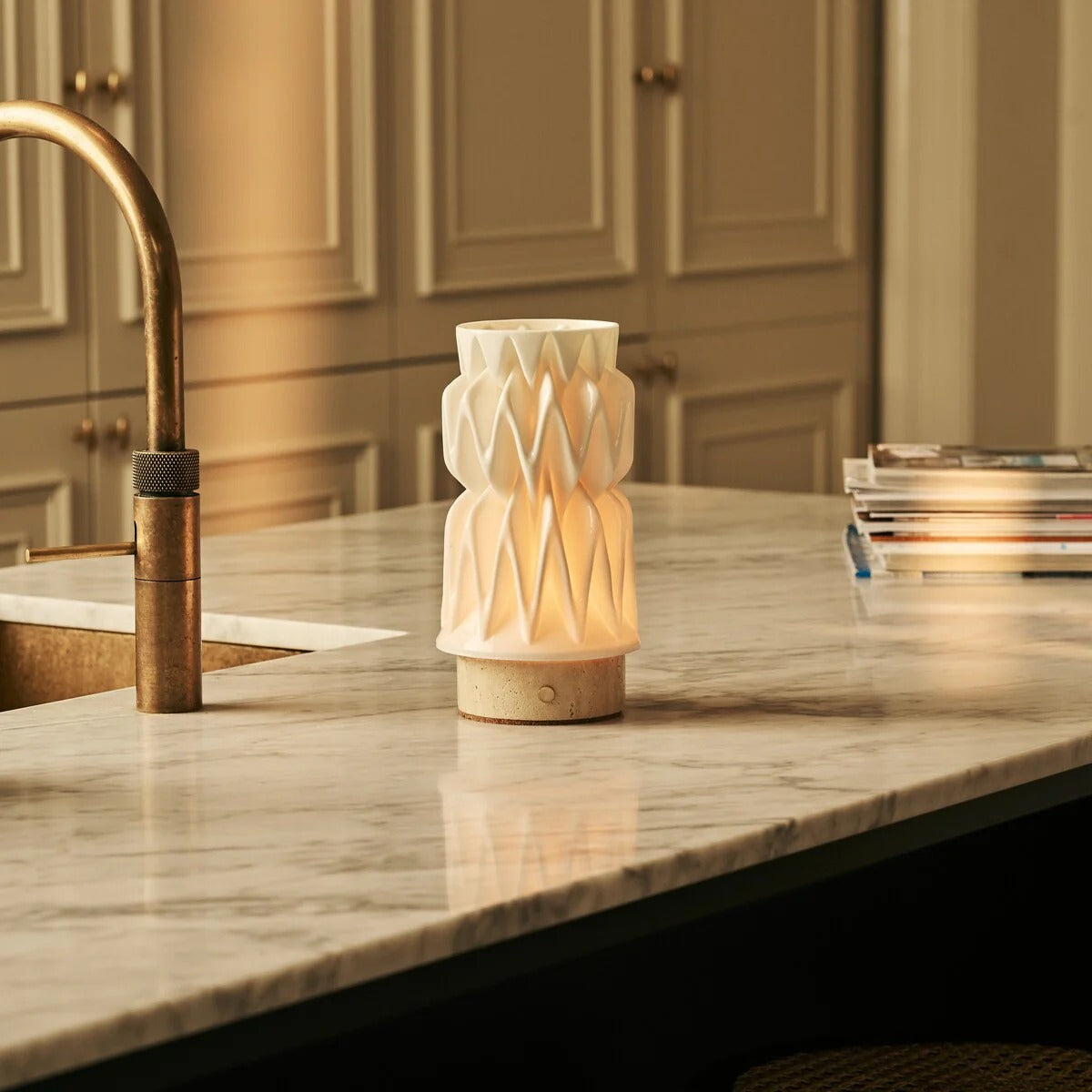 Wood Table Lamp With Modular Porcelain Shade And Dimmable LED
