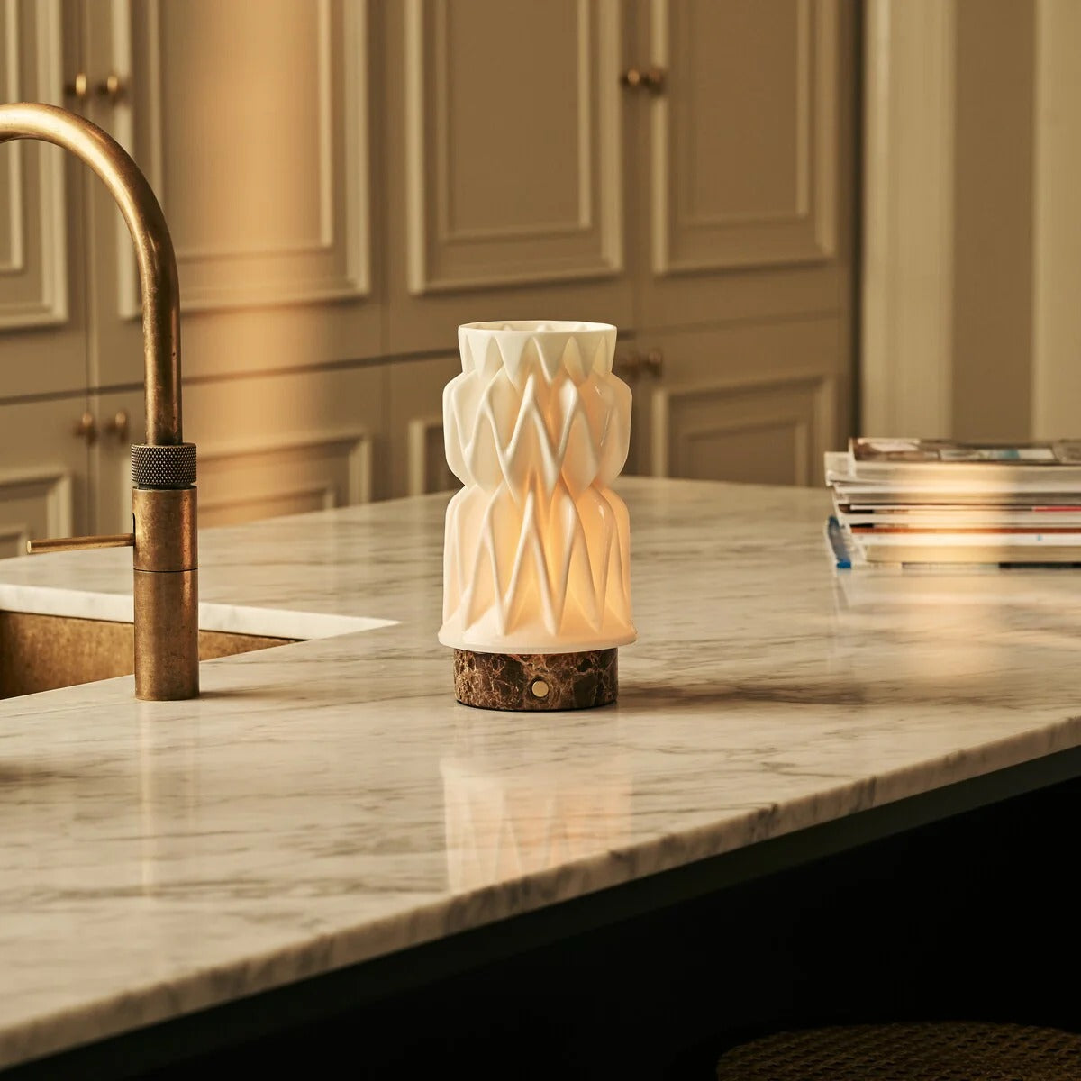 Wood Table Lamp With Modular Porcelain Shade And Dimmable LED