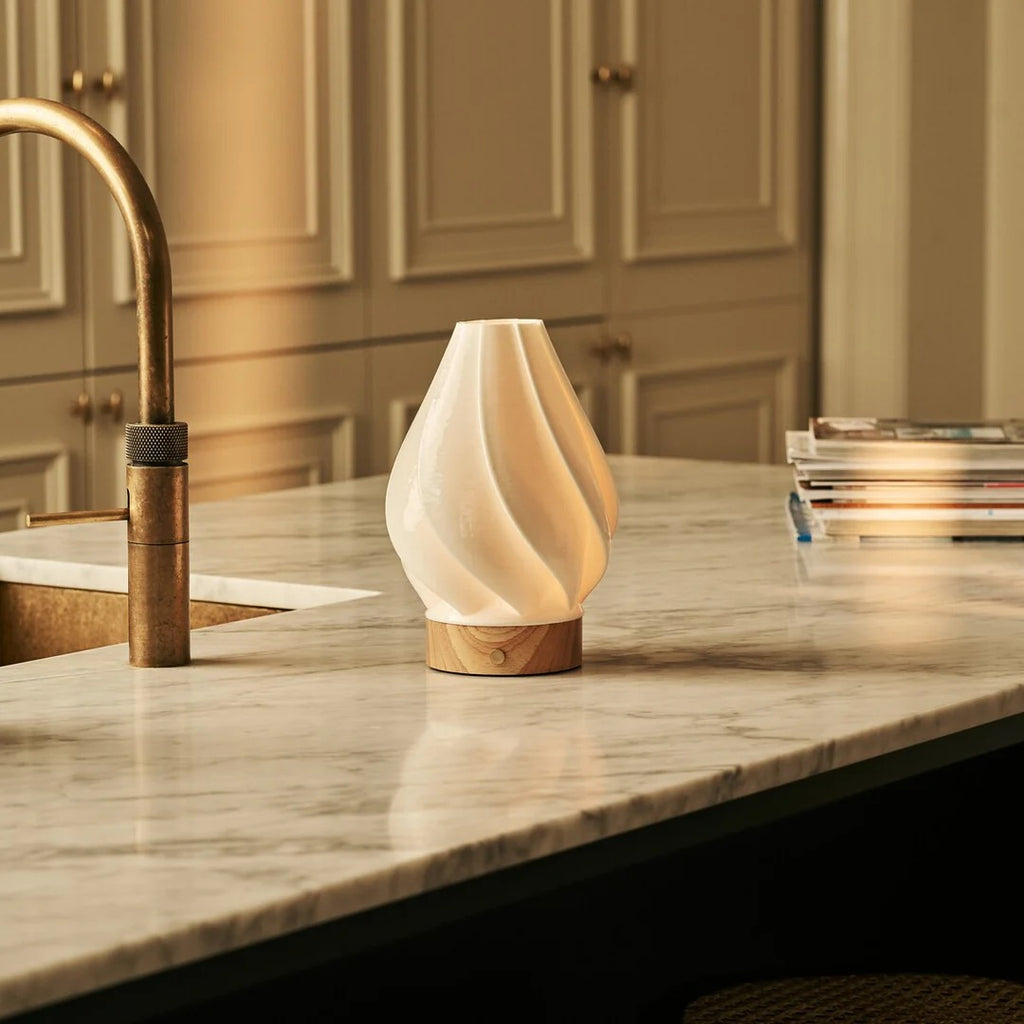 Wood Table Lamp With Modular Porcelain Shade And LED Lighting