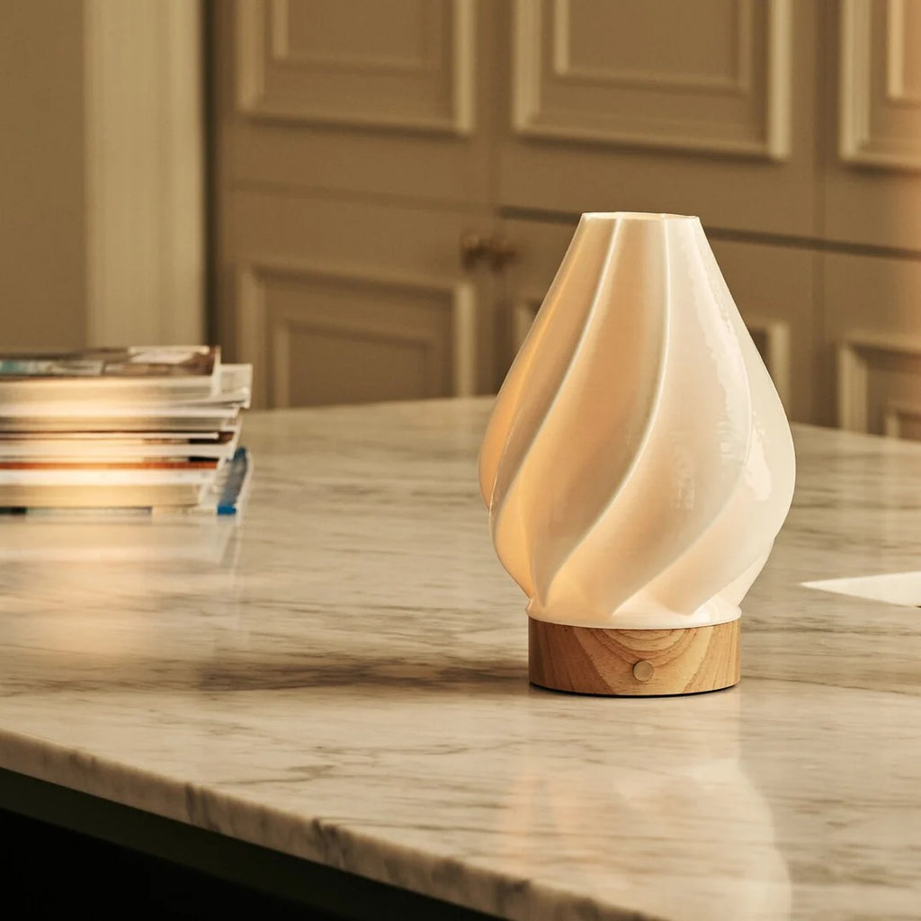 Wood Table Lamp With Modular Porcelain Shade And LED Lighting