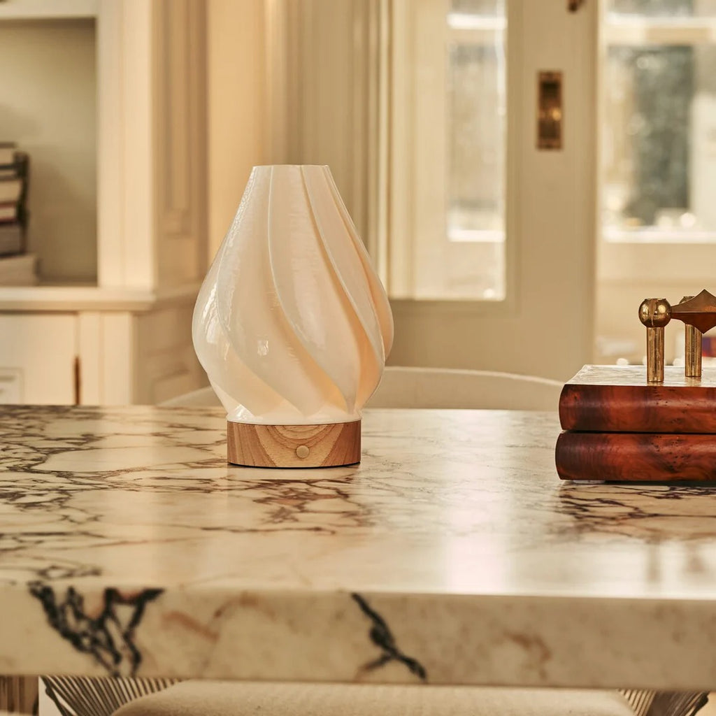 Wood Table Lamp With Modular Porcelain Shade And LED Lighting