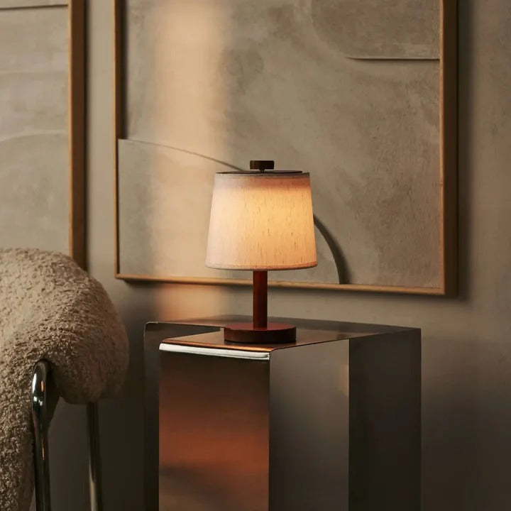 Wood Table Lamp With Rechargeable LED And Fabric Lampshade