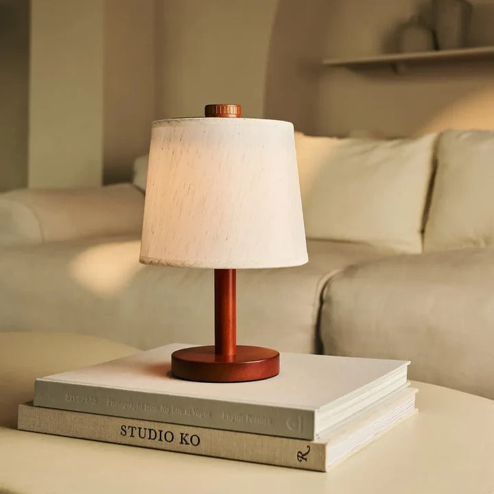 Wood Table Lamp With Rechargeable LED And Fabric Lampshade