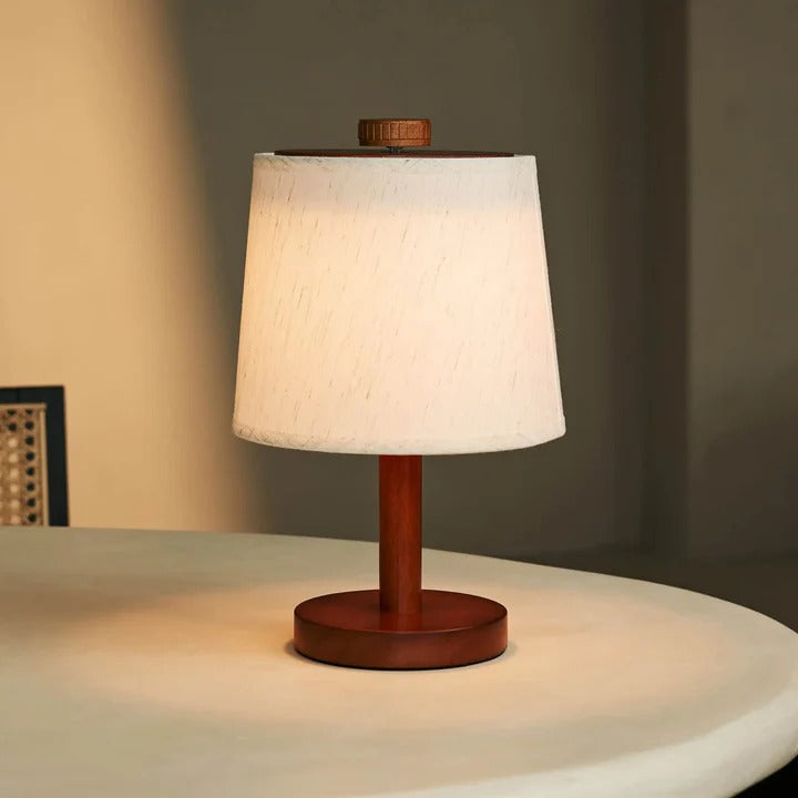 Wood Table Lamp With Rechargeable LED And Fabric Lampshade