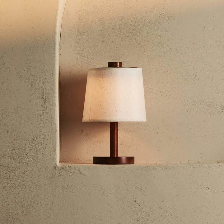 Wood Table Lamp With Rechargeable LED And Fabric Lampshade