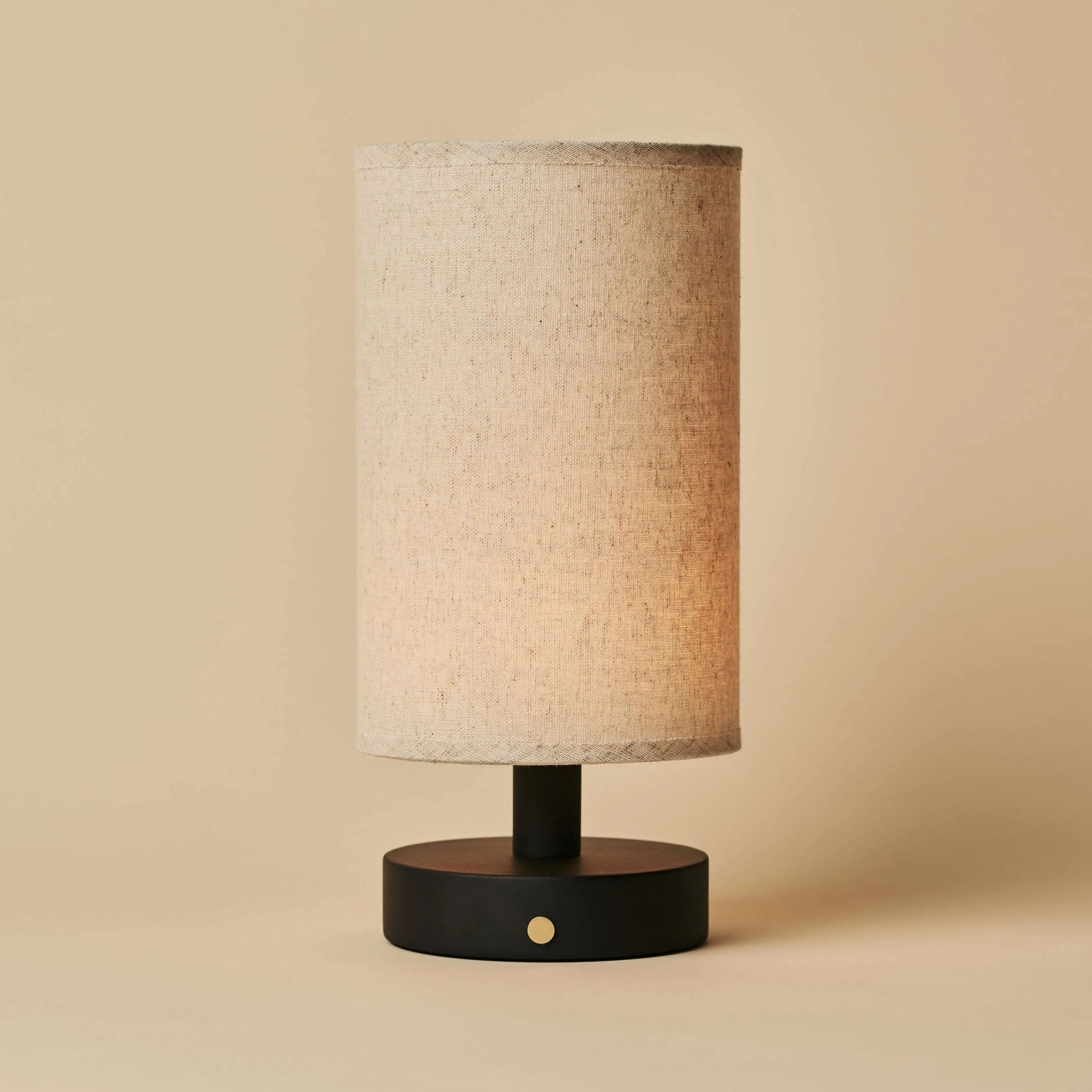 Wood Table Lamp With Rechargeable LED Lighting And Linen Lampshade