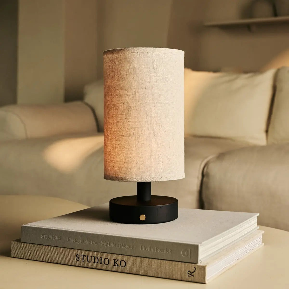 Wood Table Lamp With Rechargeable LED Lighting And Linen Lampshade