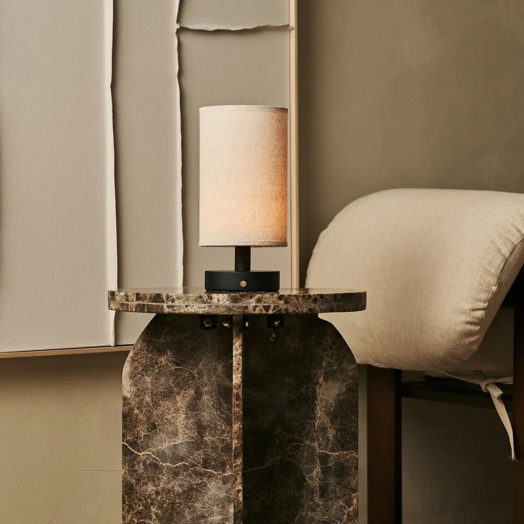 Wood Table Lamp With Rechargeable LED Lighting And Linen Lampshade