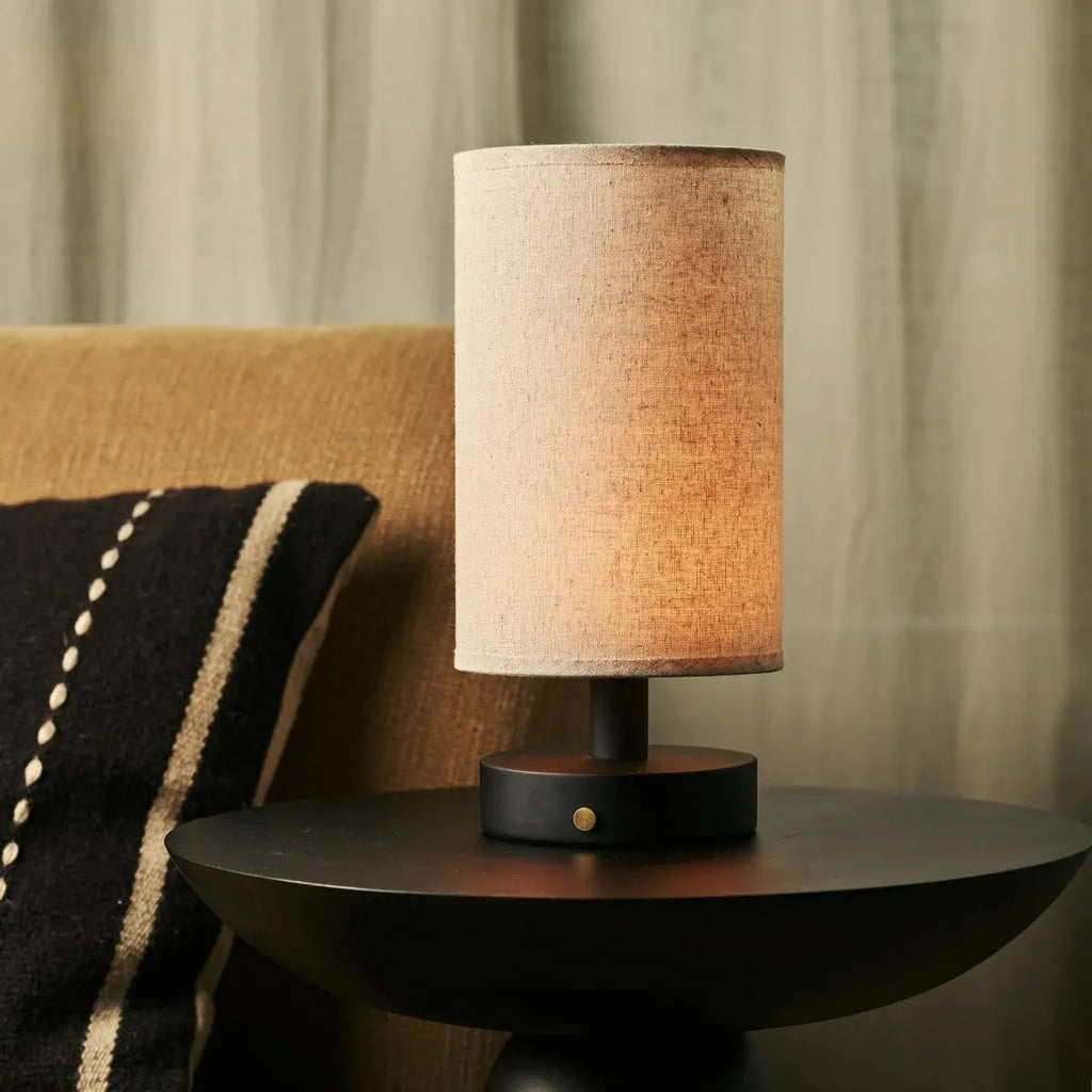 Wood Table Lamp With Rechargeable LED Lighting And Linen Lampshade