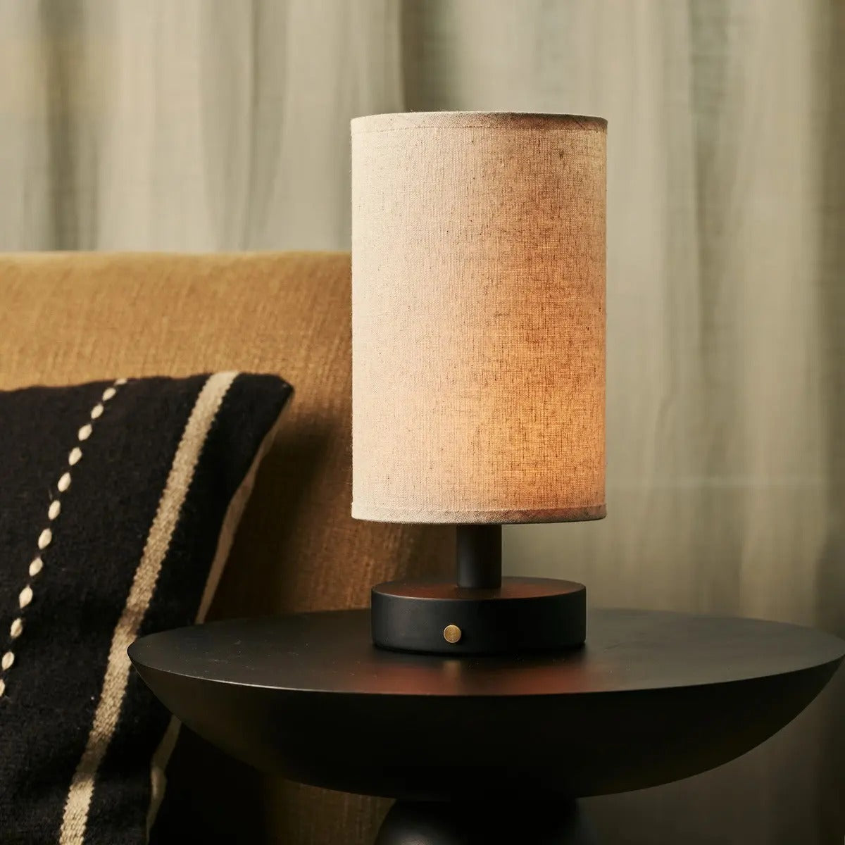 Wood Table Lamp With Rechargeable LED Lighting And Linen Lampshade