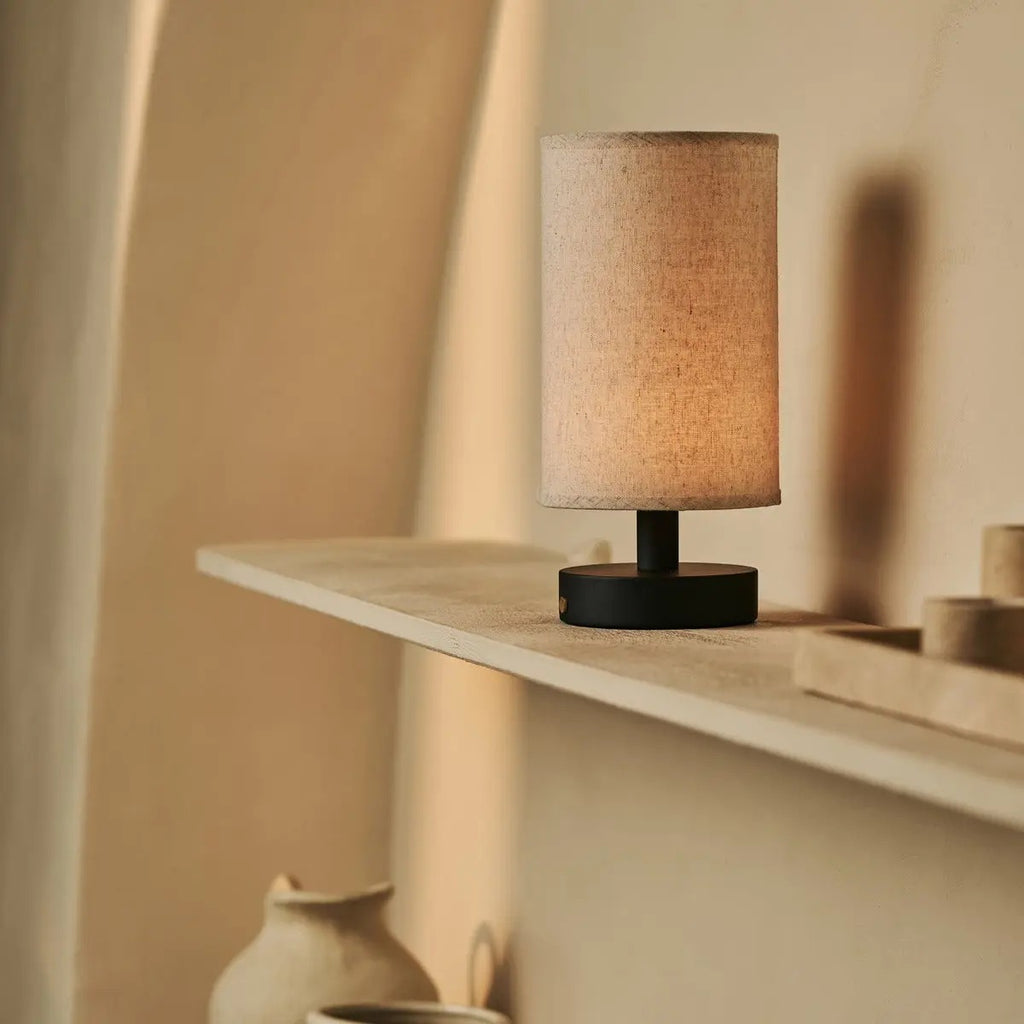 Wood Table Lamp With Rechargeable LED Lighting And Linen Lampshade