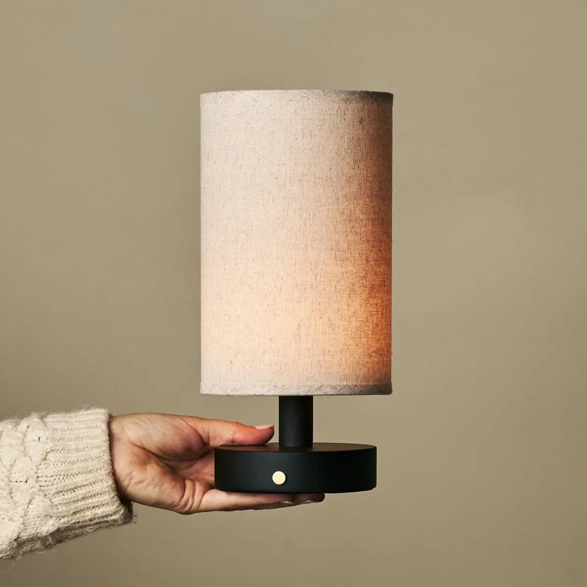 Wood Table Lamp With Rechargeable LED Lighting And Linen Lampshade