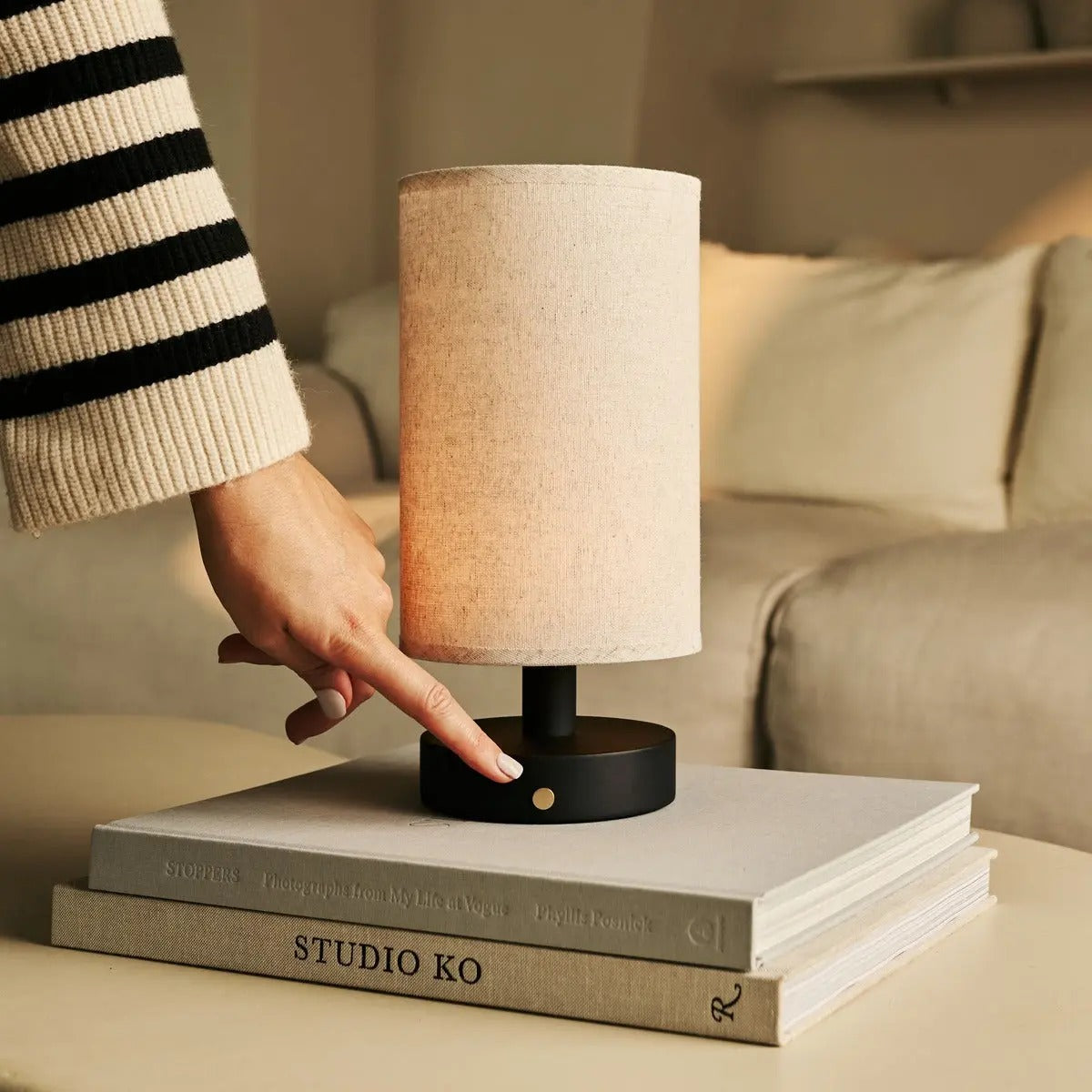 Wood Table Lamp With Rechargeable LED Lighting And Linen Lampshade