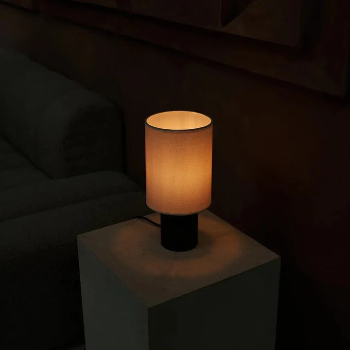 Wood Table Lamp With Ribbed Base And Fabric Lampshade