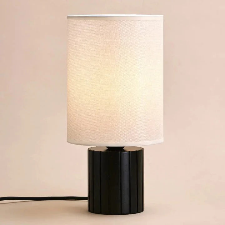 Wood Table Lamp With Ribbed Base And Fabric Lampshade