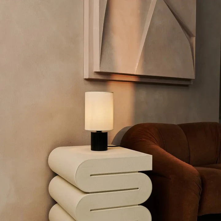 Wood Table Lamp With Ribbed Base And Fabric Lampshade