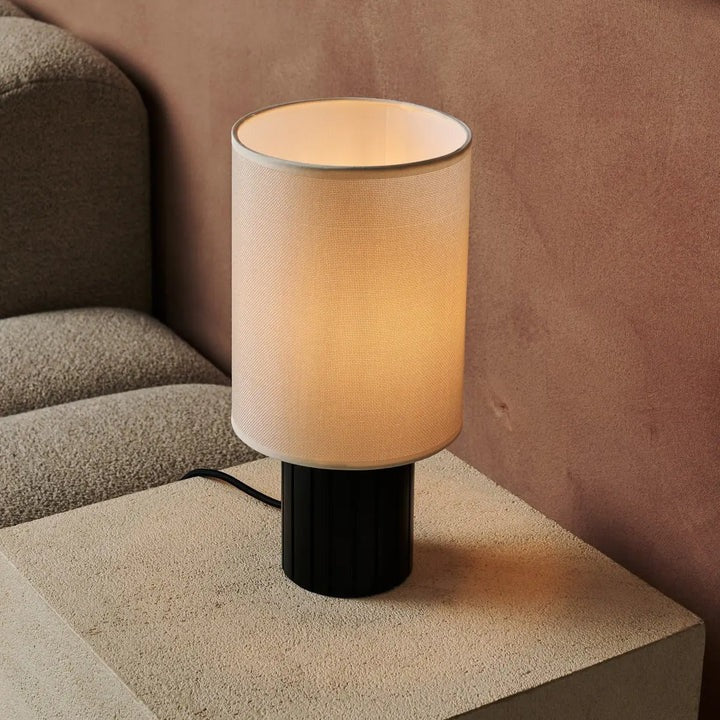 Wood Table Lamp With Ribbed Base And Fabric Lampshade