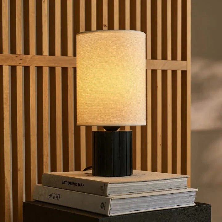 Wood Table Lamp With Ribbed Base And Fabric Lampshade