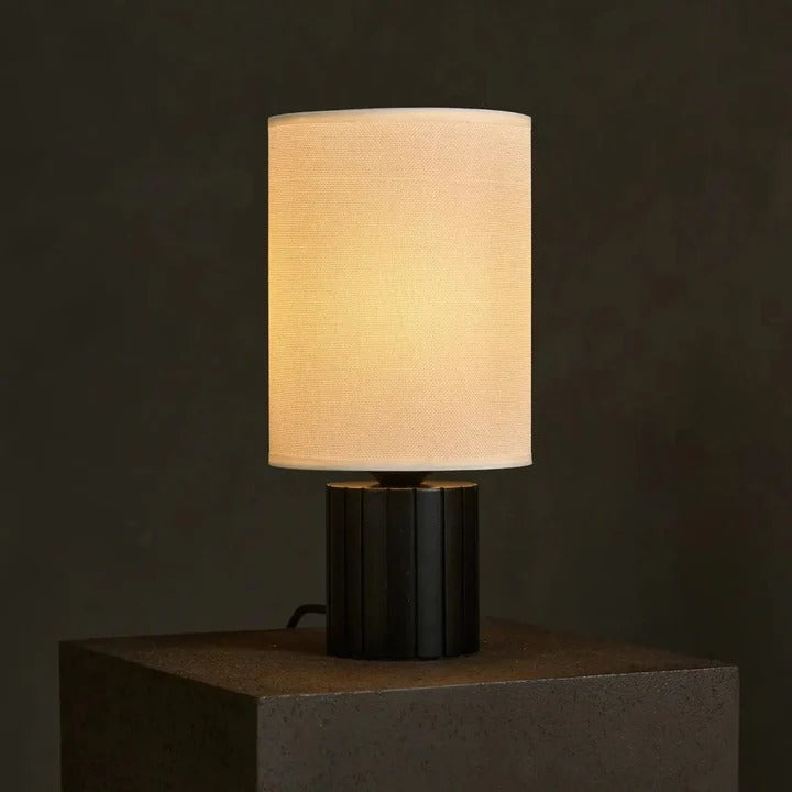 Wood Table Lamp With Ribbed Base And Fabric Lampshade