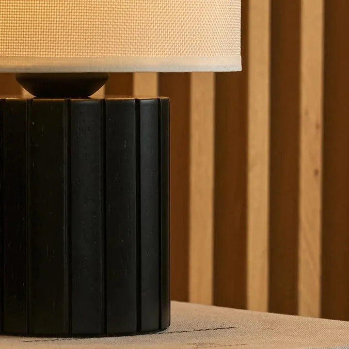 Wood Table Lamp With Ribbed Base And Fabric Lampshade