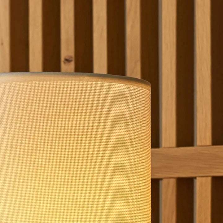 Wood Table Lamp With Ribbed Base And Fabric Lampshade