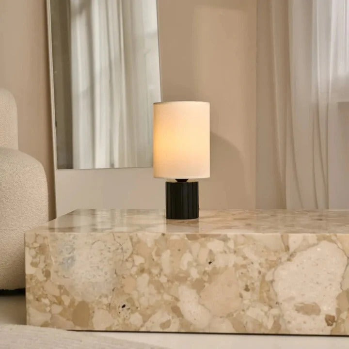 Wood Table Lamp With Ribbed Base And Fabric Lampshade