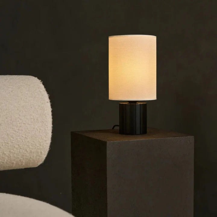 Wood Table Lamp With Ribbed Base And Fabric Lampshade