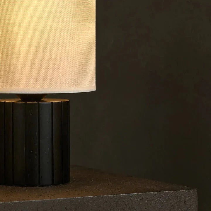 Wood Table Lamp With Ribbed Base And Fabric Lampshade