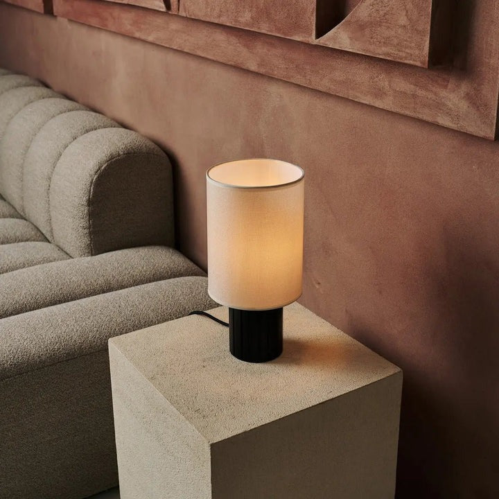 Wood Table Lamp With Ribbed Base And Fabric Lampshade