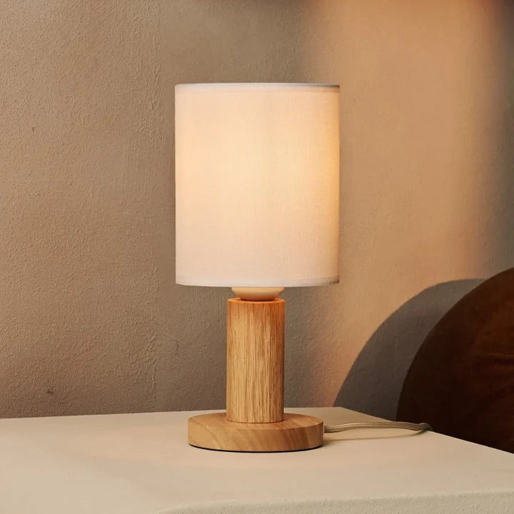Wood Table Lamp With Fabric Lampshade And Cord Switch