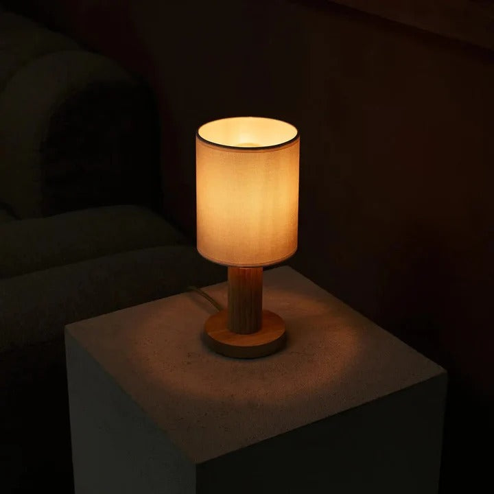 Wood Table Lamp With Fabric Lampshade And Cord Switch