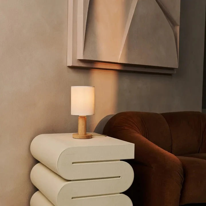 Wood Table Lamp With Fabric Lampshade And Cord Switch