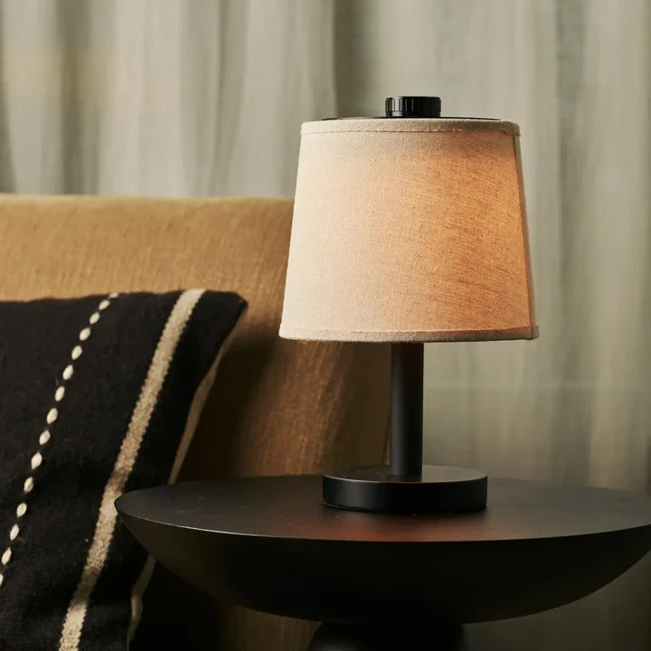 Wood Table Lamp With Rechargeable LED And Fabric Lampshade