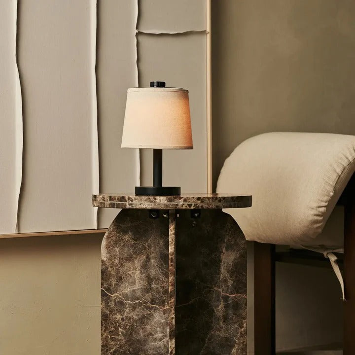 Wood Table Lamp With Rechargeable LED And Fabric Lampshade