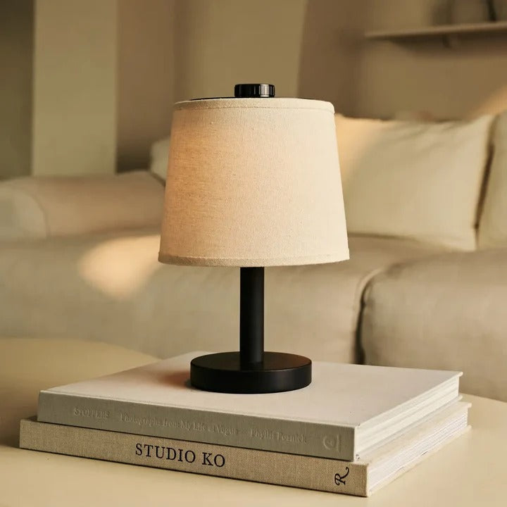 Wood Table Lamp With Rechargeable LED And Fabric Lampshade