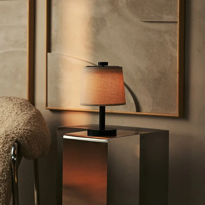 Wood Table Lamp With Rechargeable LED And Fabric Lampshade