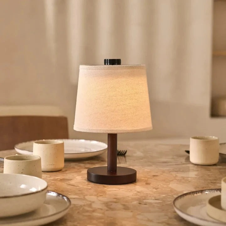 Wood Table Lamp With Rechargeable LED And Fabric Lampshade