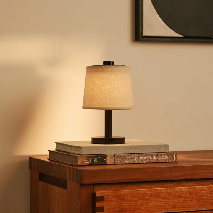 Wood Table Lamp With Rechargeable LED And Fabric Lampshade