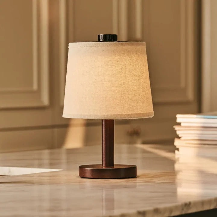 Wood Table Lamp With Rechargeable LED And Fabric Lampshade