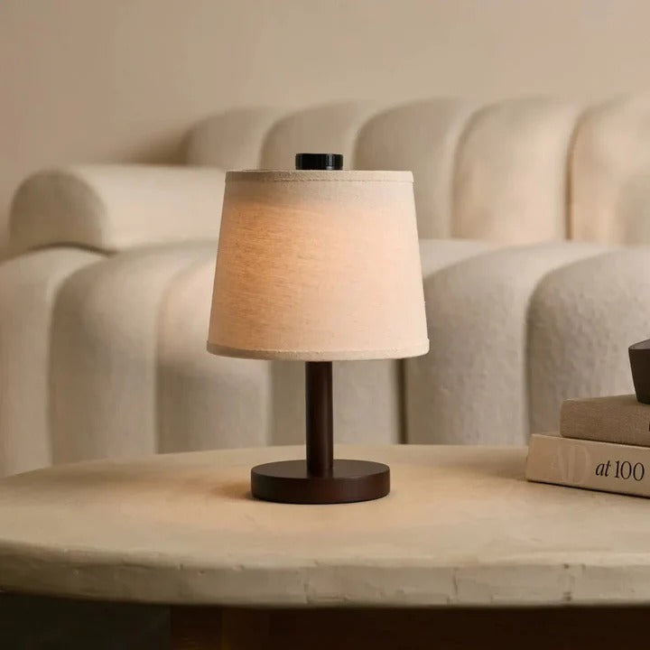 Wood Table Lamp With Rechargeable LED And Fabric Lampshade