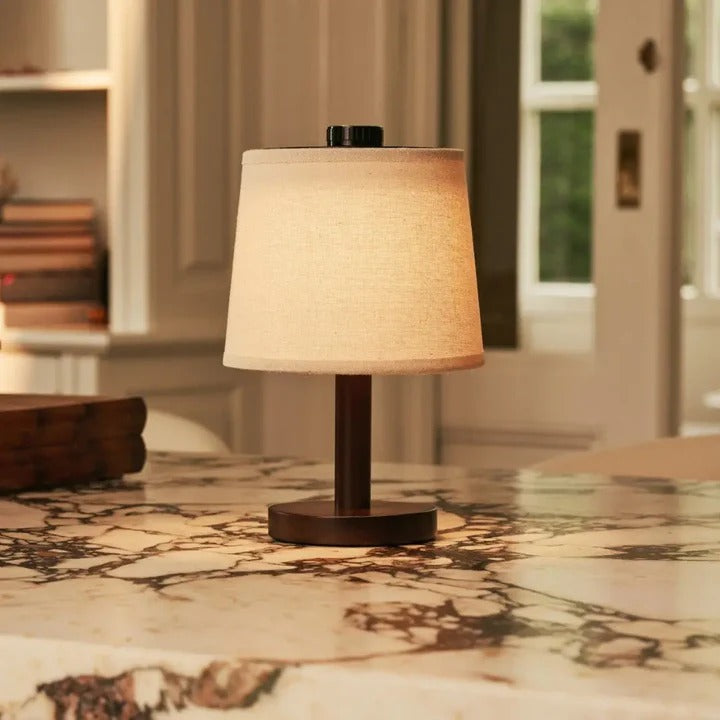 Wood Table Lamp With Rechargeable LED And Fabric Lampshade