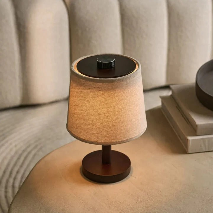 Wood Table Lamp With Rechargeable LED And Fabric Lampshade