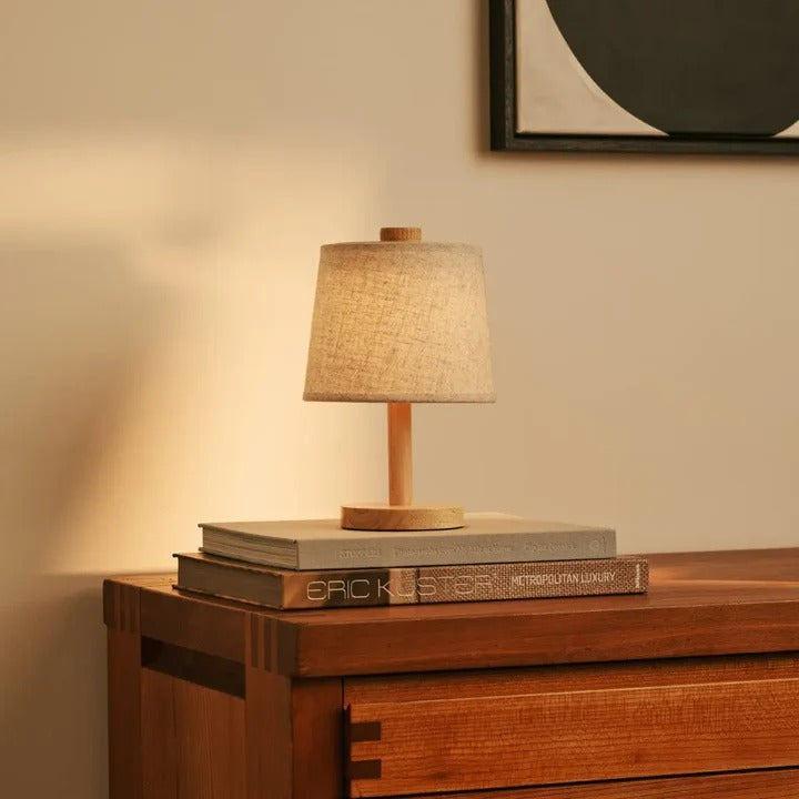 Wood Table Lamp With Rechargeable LED And Fabric Lampshade