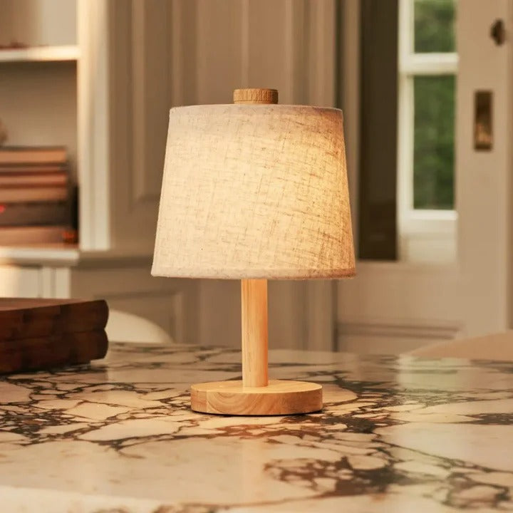 Wood Table Lamp With Rechargeable LED And Fabric Lampshade