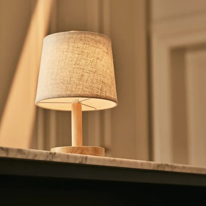 Wood Table Lamp With Rechargeable LED And Fabric Lampshade