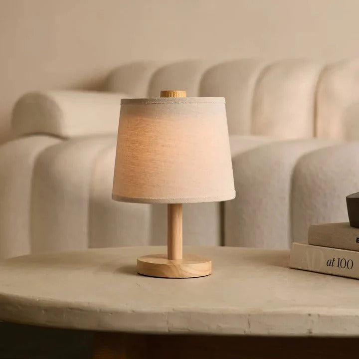 Wood Table Lamp With Rechargeable LED And Fabric Lampshade