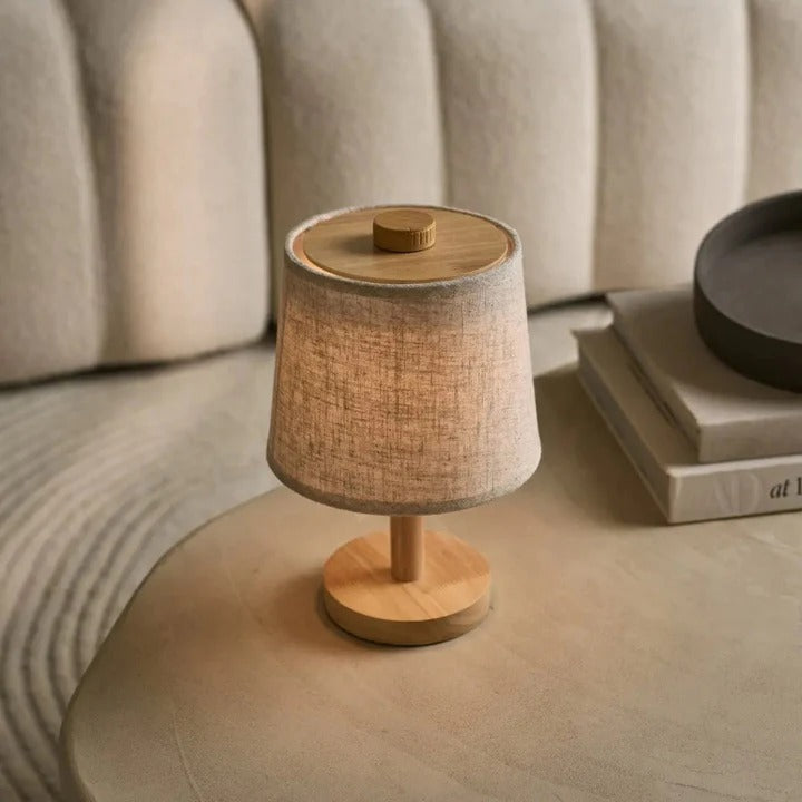 Wood Table Lamp With Rechargeable LED And Fabric Lampshade